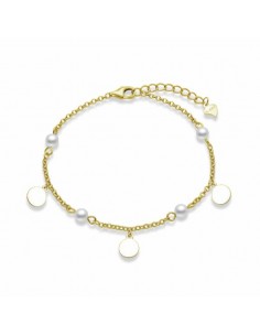 Pulsera plata dorada con perlas y discos colgantes