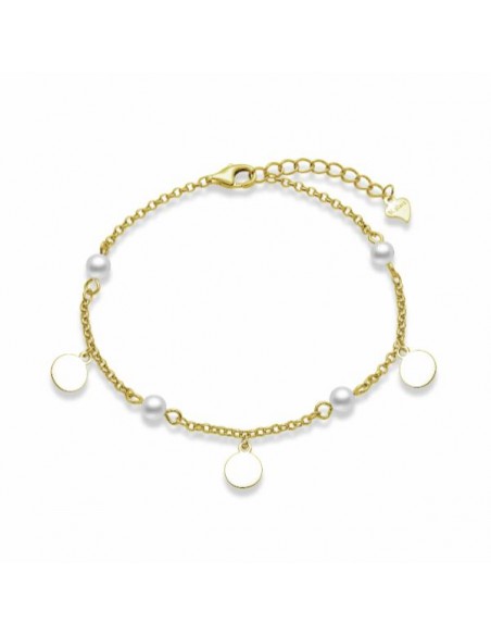 Pulsera plata dorada con perlas y discos colgantes