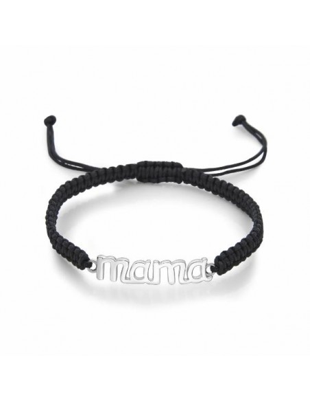 Pulsera de macramé negro con palabra mama en plata