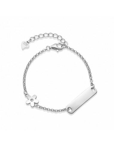Pulsera de plata para bebé con flor y placa 