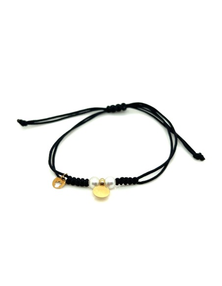 PULSERA MACRAME NEGRO PERLAS ORO DE 18K