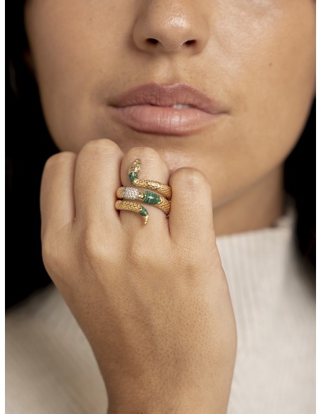 Anillo Serpiente Bicolor con Detalles en Verde 