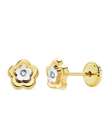 PENDIENTES BEBÉ FLOR ORO BICOLOR 6X6 MM