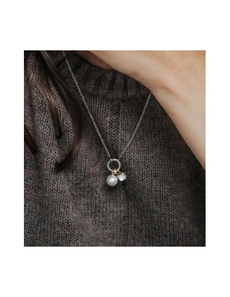 Gargantilla bicolor de plata doble perla colgante