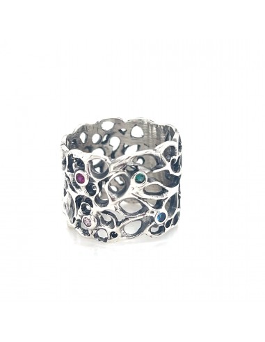 Anillo ancho en latón bañado en plata con diseño orgánico calado