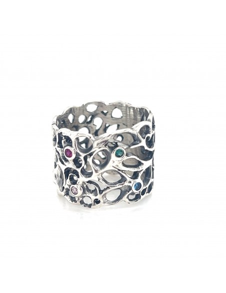 Anillo ancho en latón bañado en plata con diseño orgánico calado