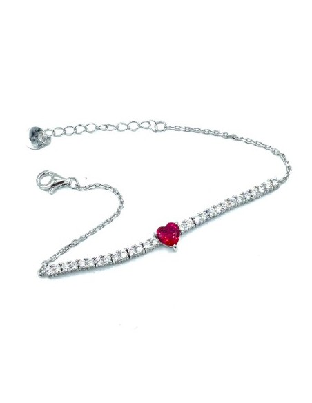 Pulsera de plata con corazón rojo y circonitas