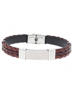 Pulsera piel y acero marrón trenza placa