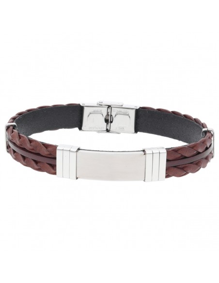 Pulsera piel y acero marrón trenza placa