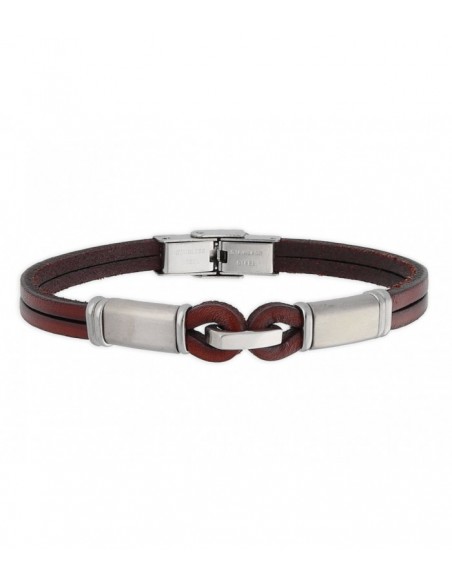 PULSERA PIEL Y ACERO MARRÓN FORMA