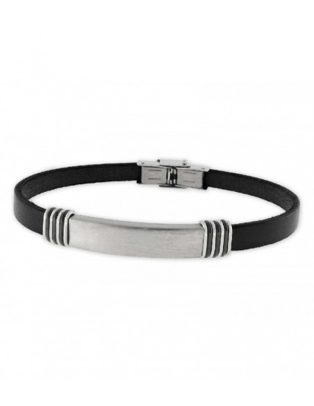 PULSERA PLACA PIEL Y ACERO NEGRA