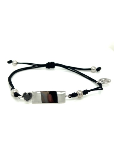 PULSERA PLACA LISA CORAZÓN NEGRO PLATA DE 1ª LEY