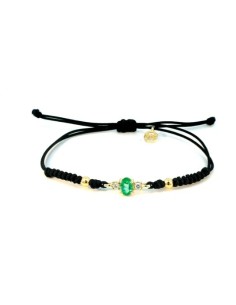 Pulsera de oro 9K con piedra verde y cordón negro ajustable