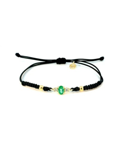 Pulsera de oro 9K con piedra verde y cordón negro ajustable