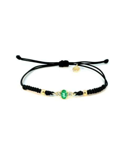 Pulsera de oro 9K con piedra verde y cordón negro ajustable